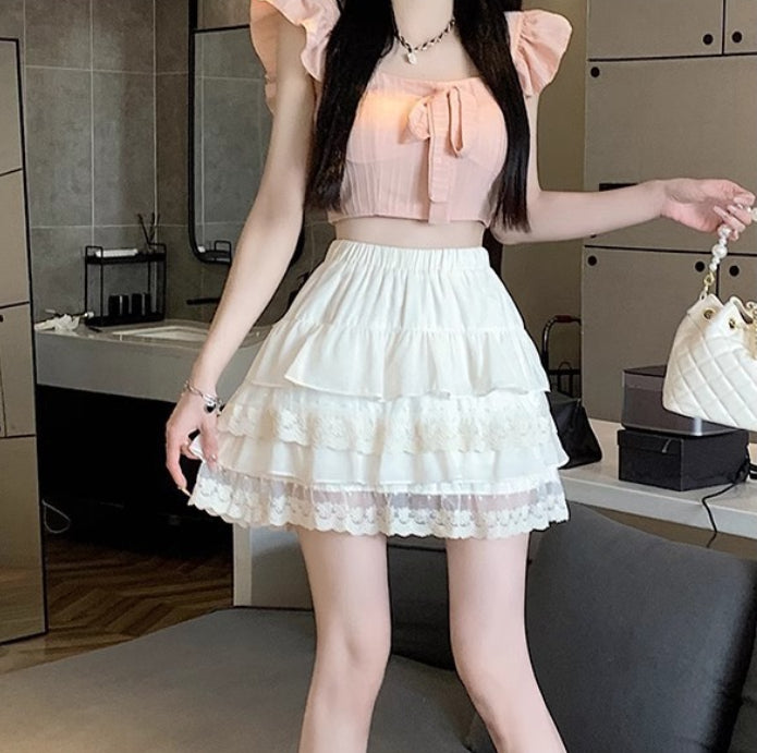 Lace-trimmed Cake-style Short Skirt For Women