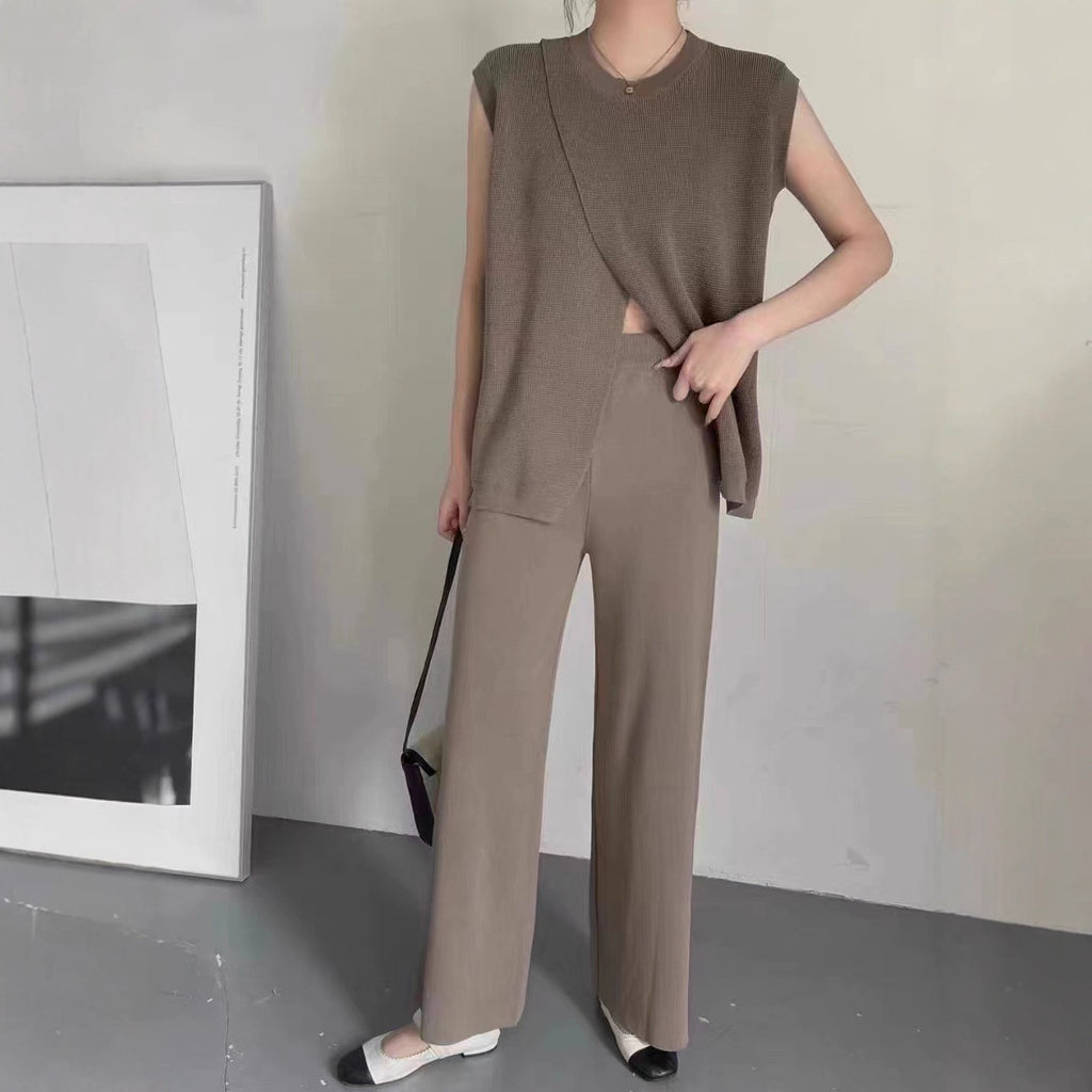 Sleeveless Crew-Neck Slim-Fit Striped Knit Top And Wide-Leg Pants Set