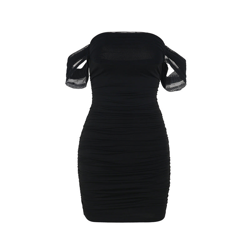 Ruched Mesh Spliced Off-the-Shoulder Dress