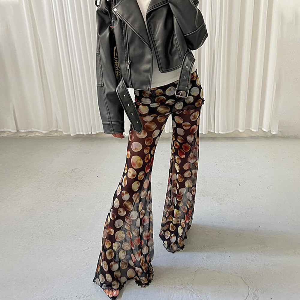 Leopard Print Mesh Floral Print Trousers