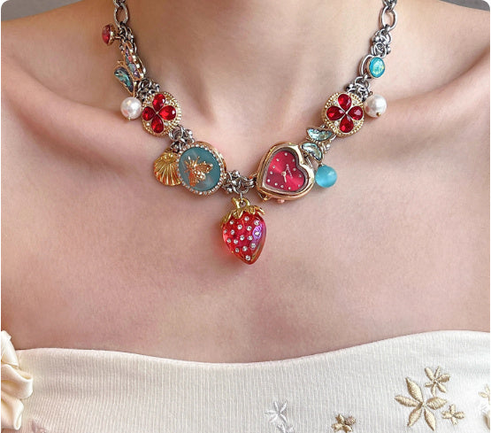 Red Blue Strawberry Clock Butterfly Titanium Steel Necklace