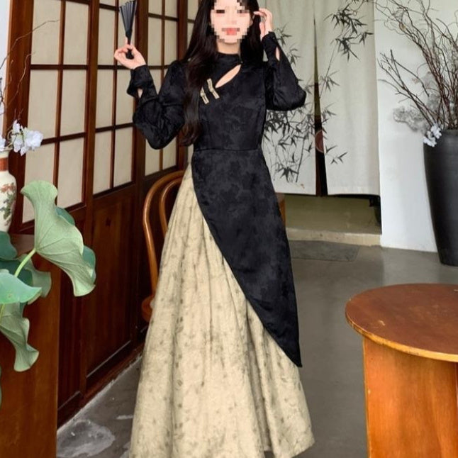 New Chinese-style Faux Two-piece Long-sleeve Dress Figure-flattering Mid-length Skirt For Women