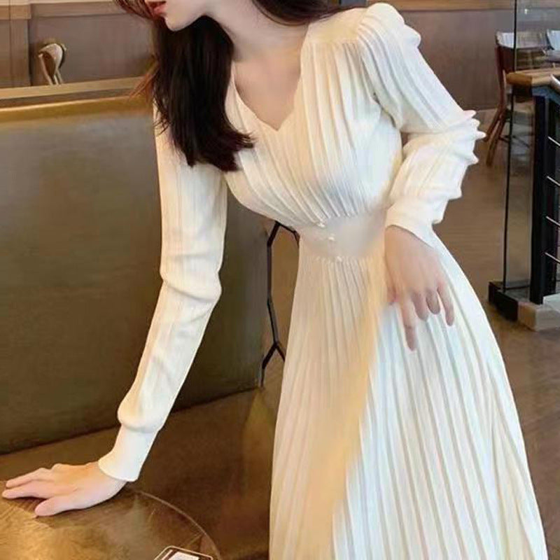 High-waisted Dress With V-neck Long Sleeve For Women