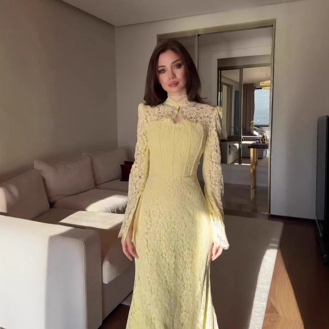 Luxe Lace Evening Dress With Long Sleeves And A Long Skirt