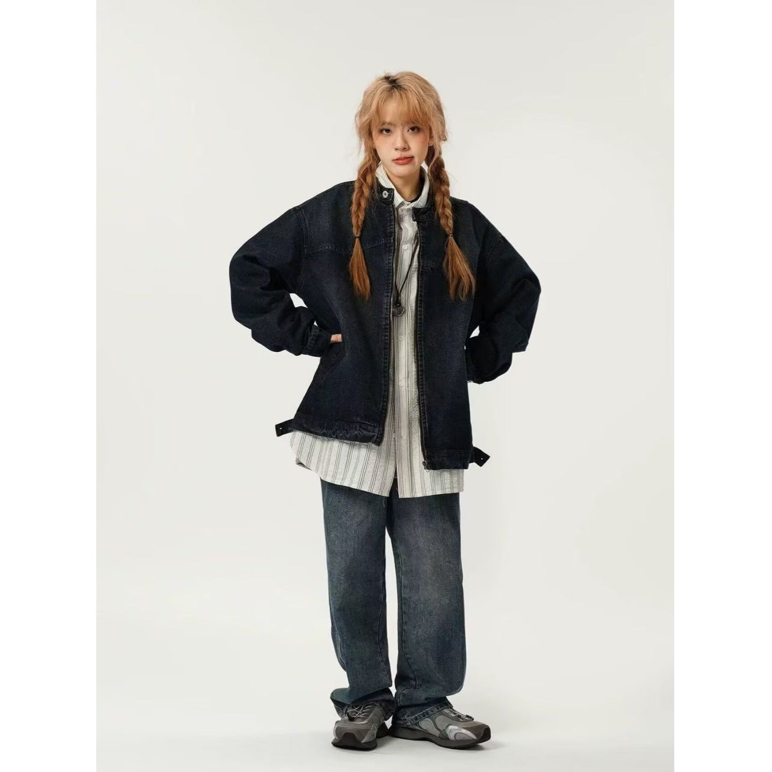 Women's Denim Jacket Spring And Autumn Style Washed Distressed Stand-collar Workwear