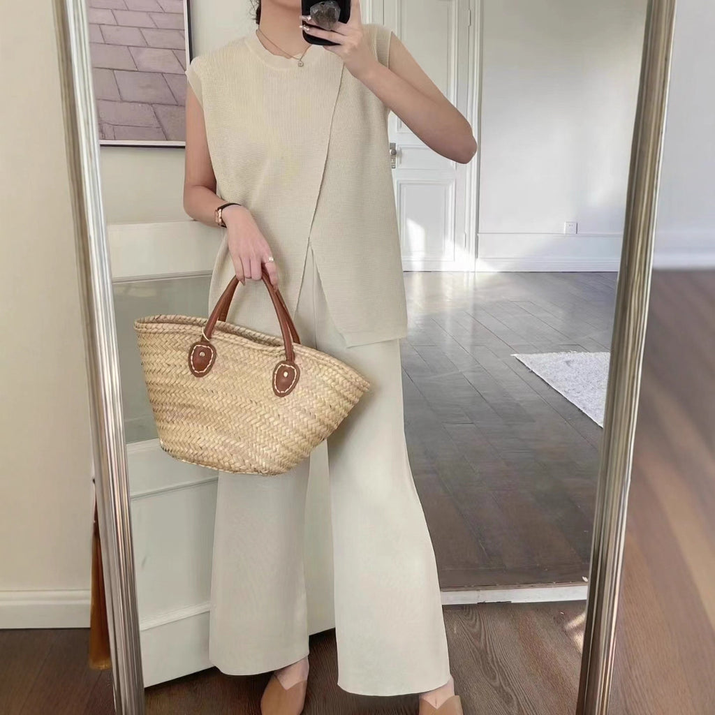 Sleeveless Crew-Neck Slim-Fit Striped Knit Top And Wide-Leg Pants Set