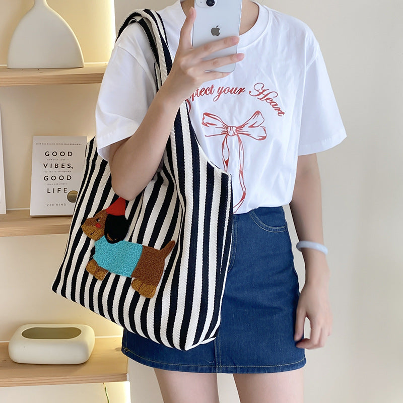 Cute Cartoon Embroidery Puppy Shoulder Bag Fashion Striped Hand-carrying Canvas Bag