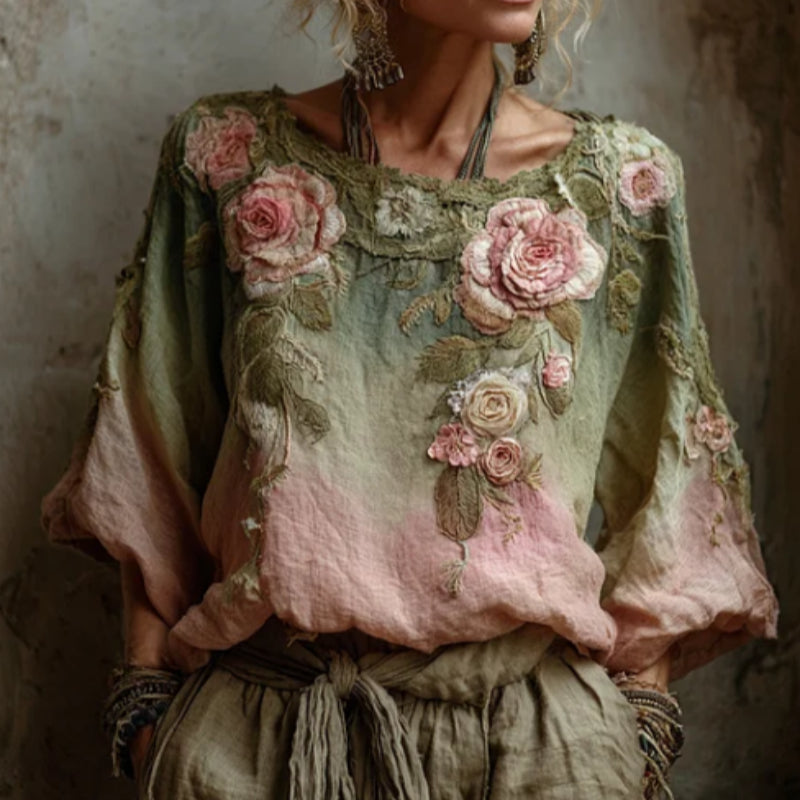 Vintage  Roses Gradient Linen Blouses