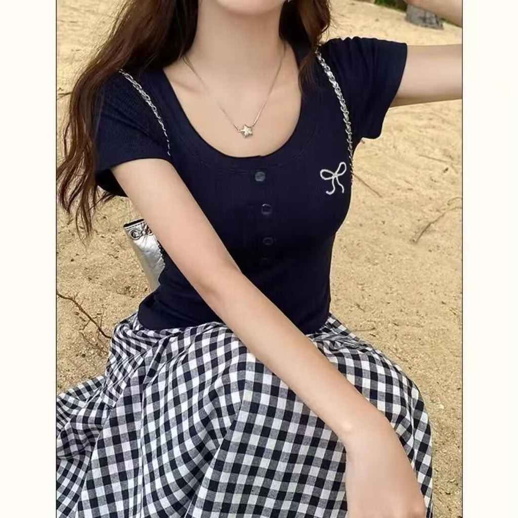 Bow Embroidered V-neck Bottoming Short-sleeved Women's All-match Top