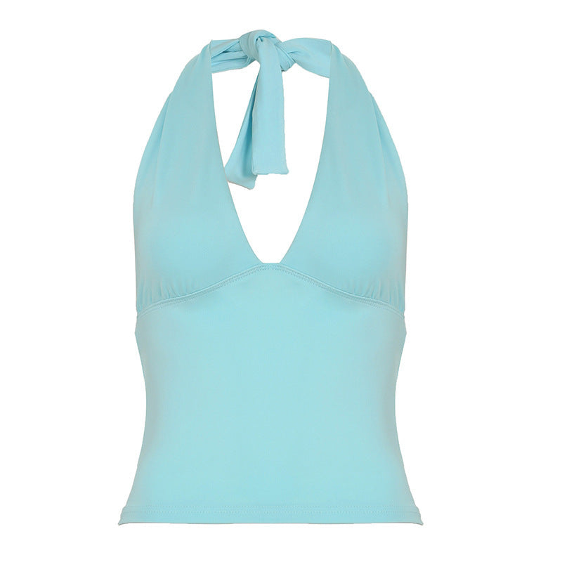 Solid Color And V-neck Halter Sleeveless Exposed Back Slim Fit Slim And Sexy Vest