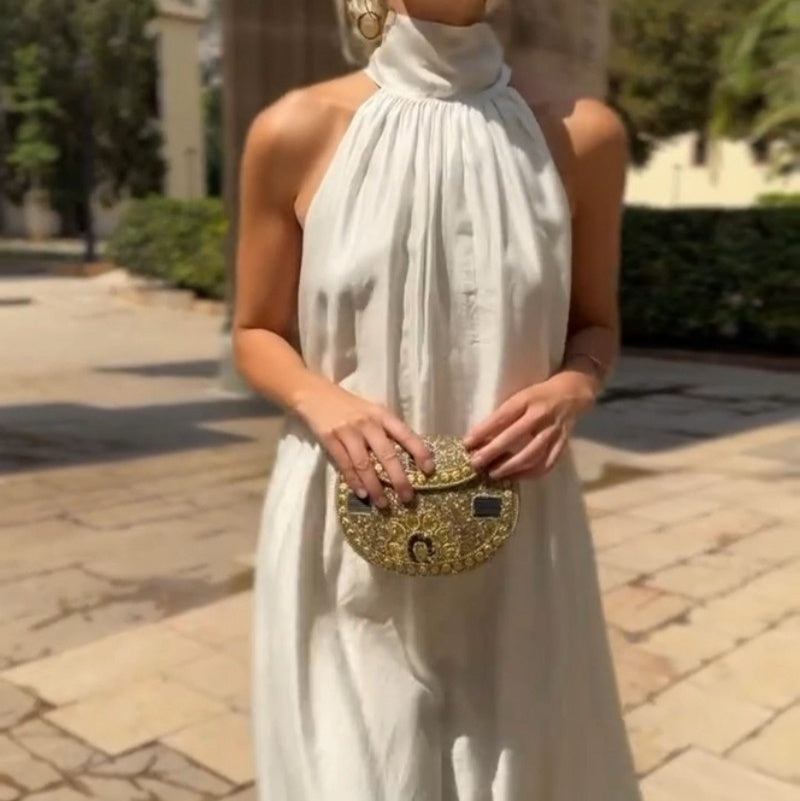 New Advanced Elegant Lady Style Tie Dress Simple Solid Color