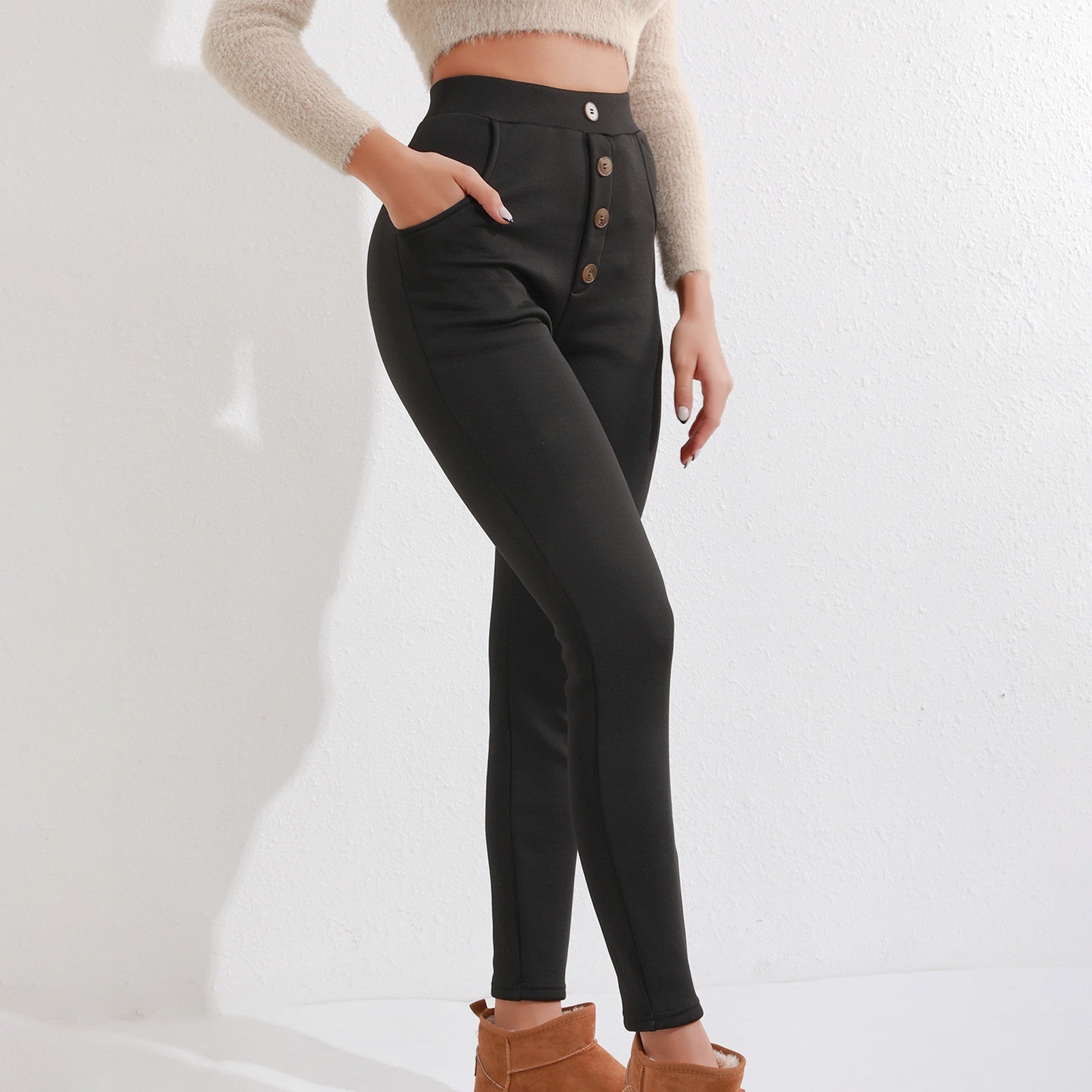 Women's Thick Leggings High Waist Button Casual