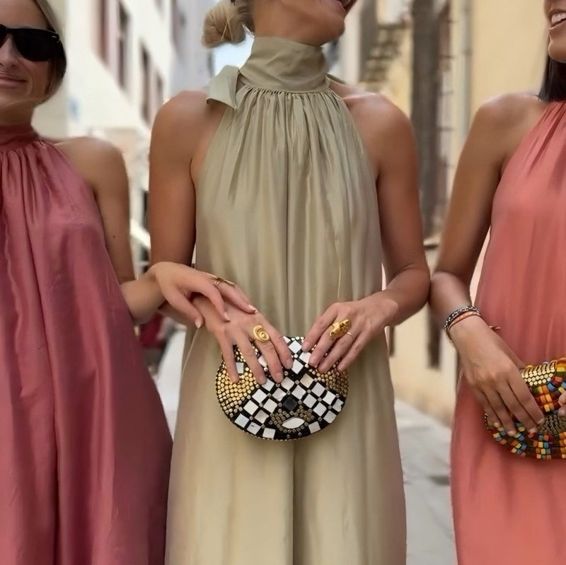 New Advanced Elegant Lady Style Tie Dress Simple Solid Color