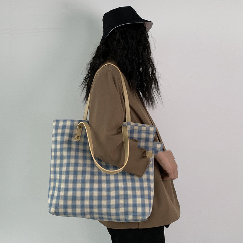 Checkered Women's One-shoulder Large-capacity Canvas Bag