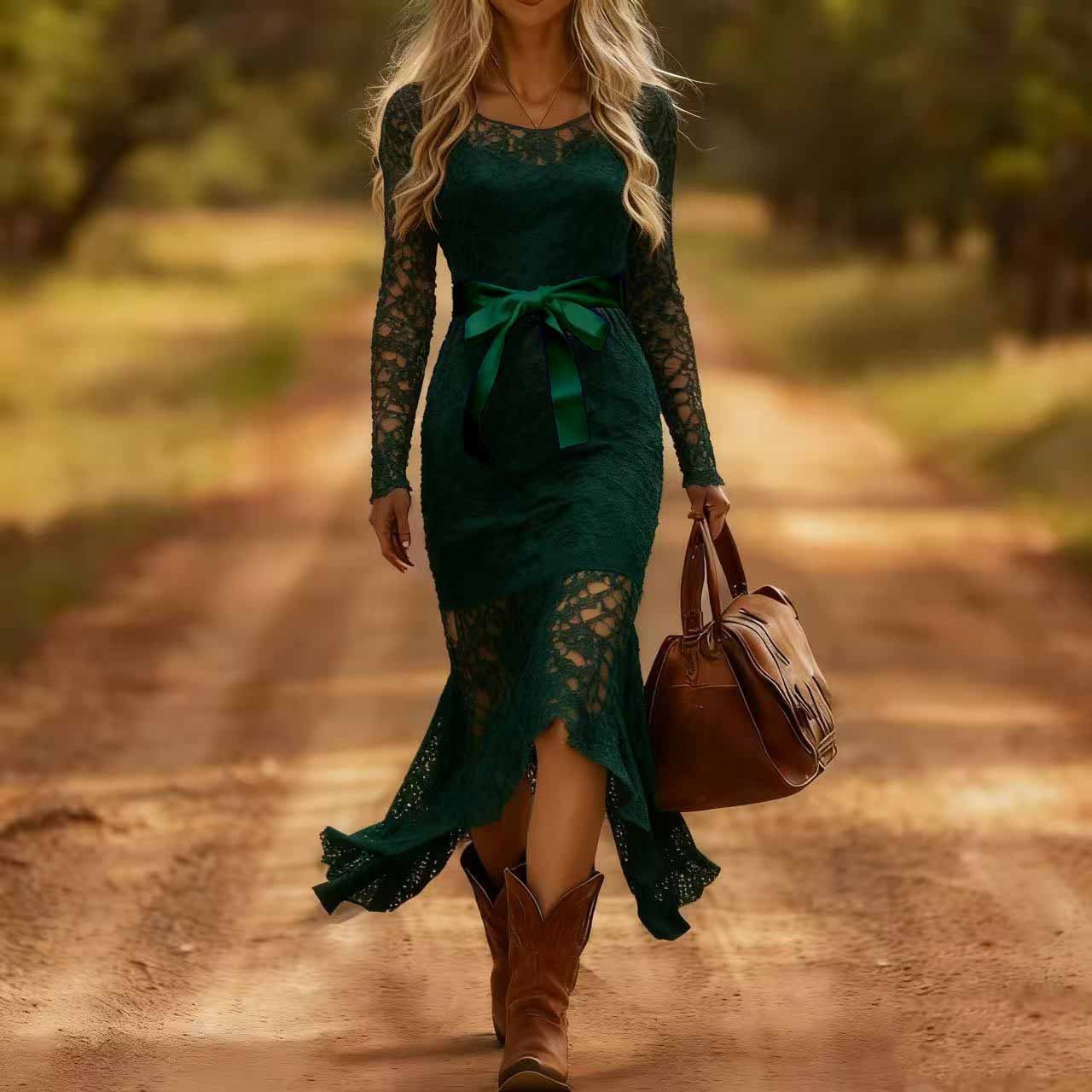 Elegant Western Style Fishtail Skirt Long Sleeve Lace Dress