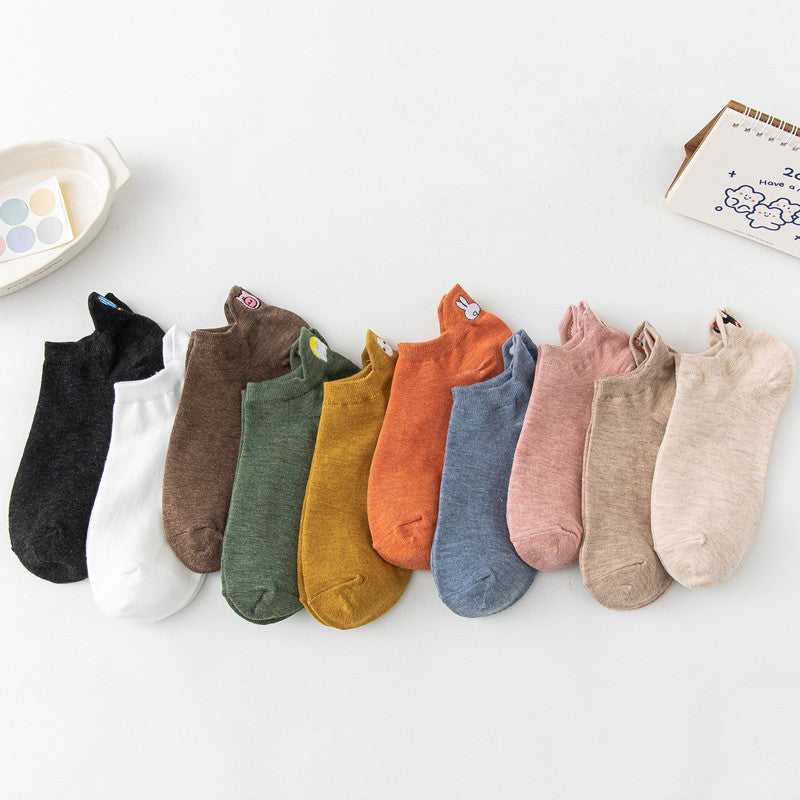 Four Seasons Style Cartoon Embroidered Ear Boat Socks Women