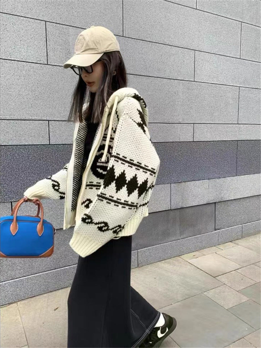 Vintage Jacquard Contrast Color Hooded Sweater