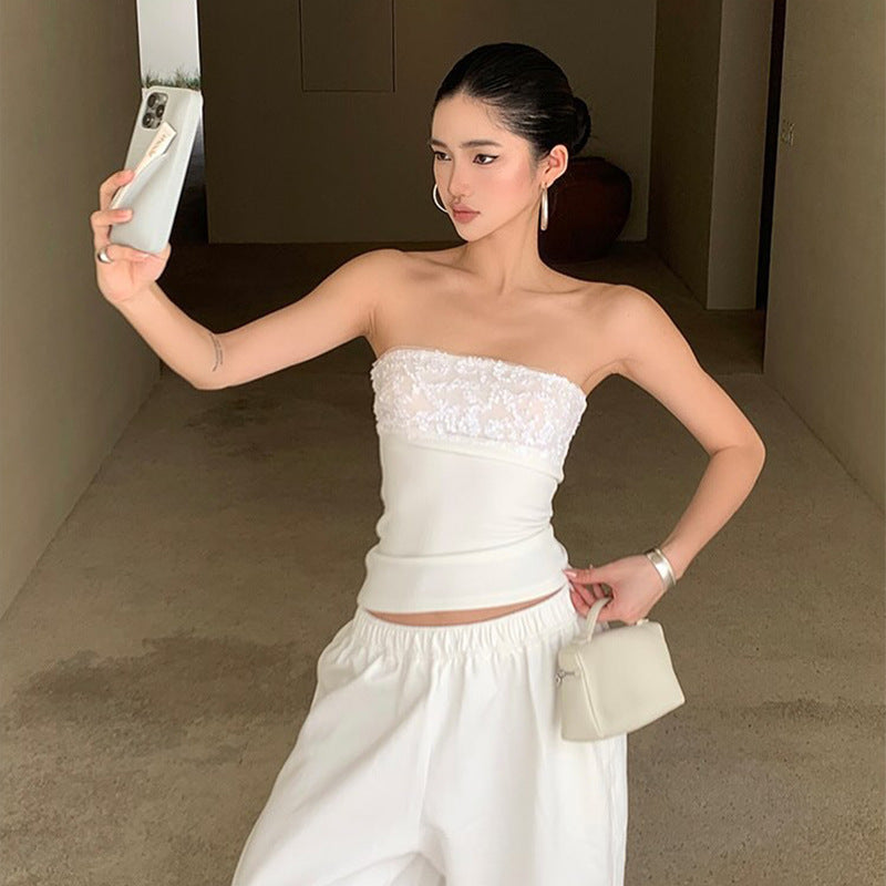 New Spliced Sequin White Sleeveless Tank Top