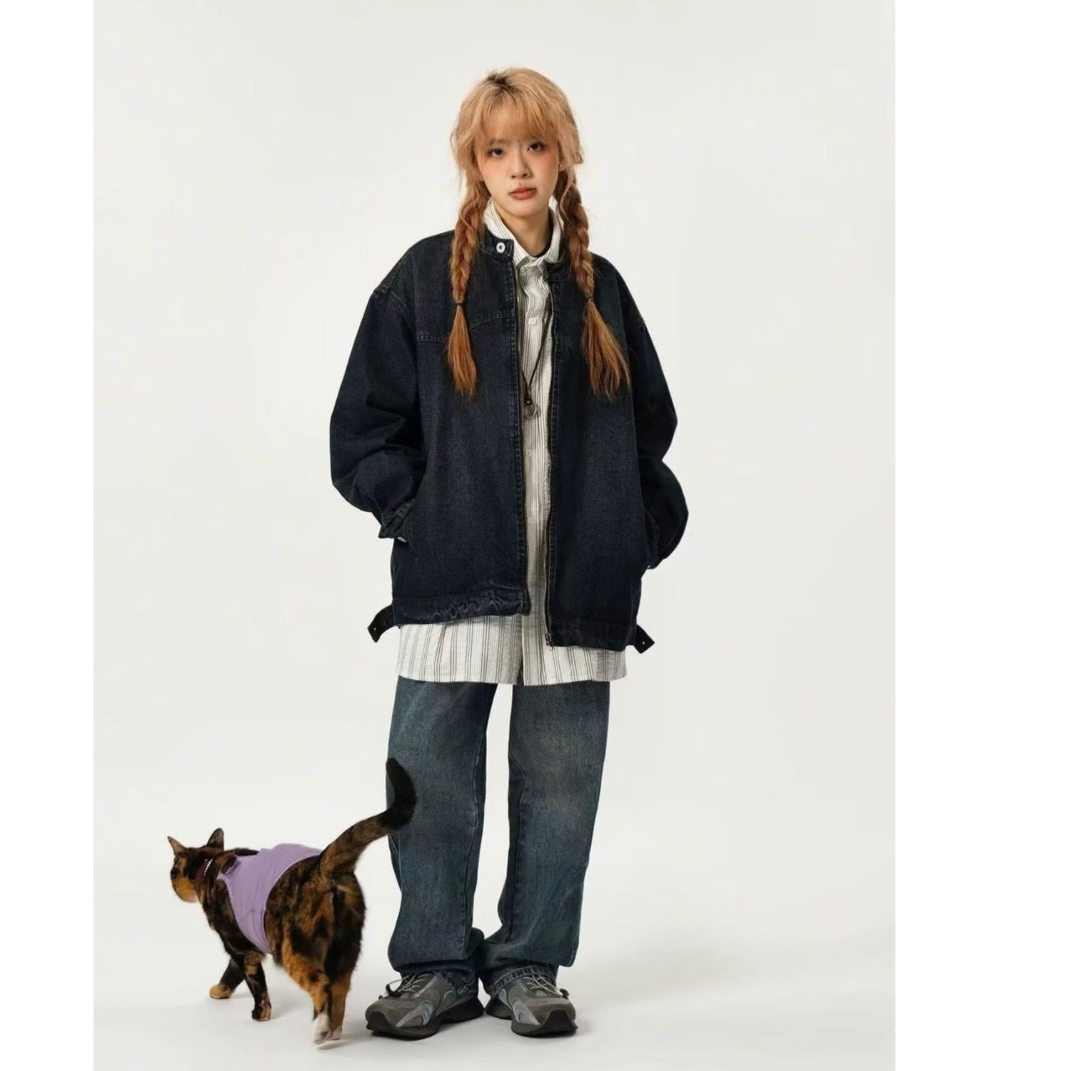 Women's Denim Jacket Spring And Autumn Style Washed Distressed Stand-collar Workwear