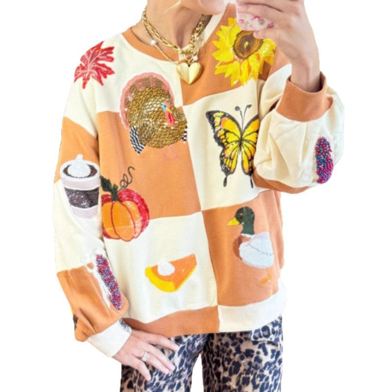 Pumpkin Butterfly Bouquet Duck Print Women's Round Neck Sweatshirt