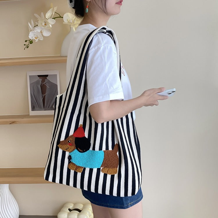 Cute Cartoon Embroidery Puppy Shoulder Bag Fashion Striped Hand-carrying Canvas Bag