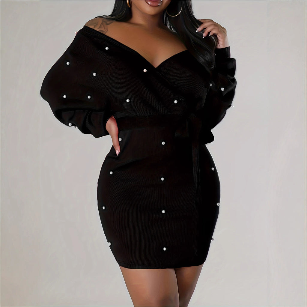 Beaded Bodycon Dress Casual Long-sleeve Solid-color Off-shoulder Dress Women's Apparel