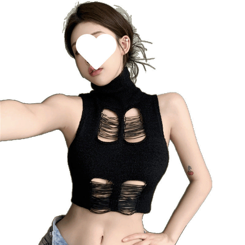 Cutout Half Turtleneck Knitted Vest For Women Slimming Holes Off-the-shoulder