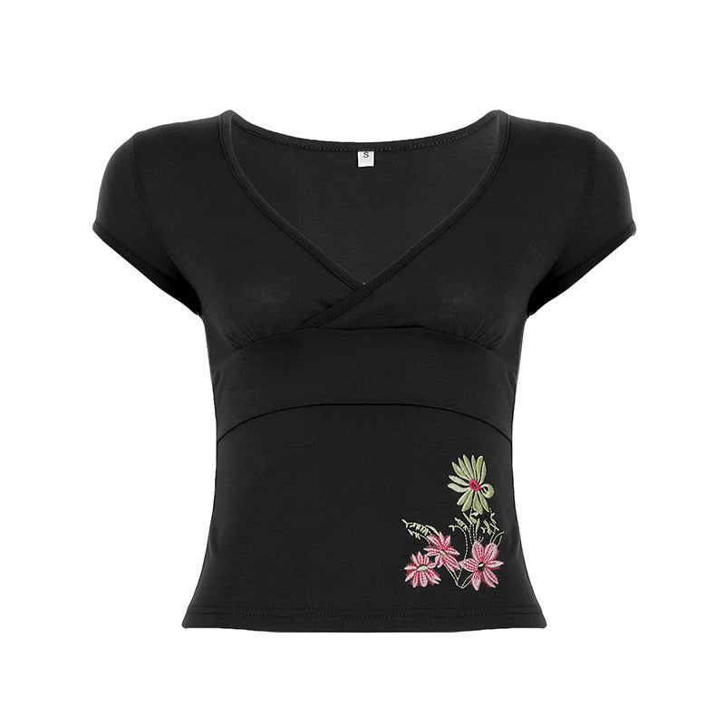 Printed V-neck Slim Fit Slimming Retro Basic Short Sleeve Top