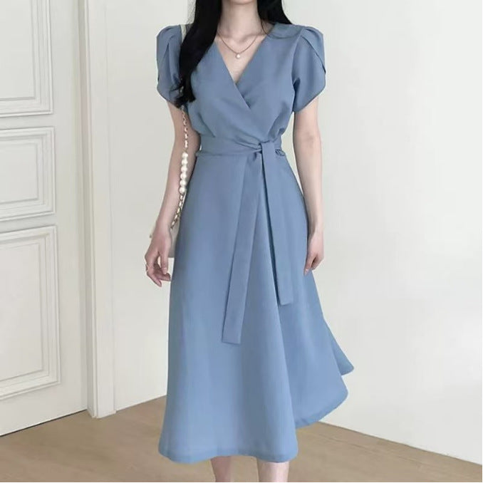 Women's Solid-Color French-Style Cross-Neckline Lace-Up Bud Dress