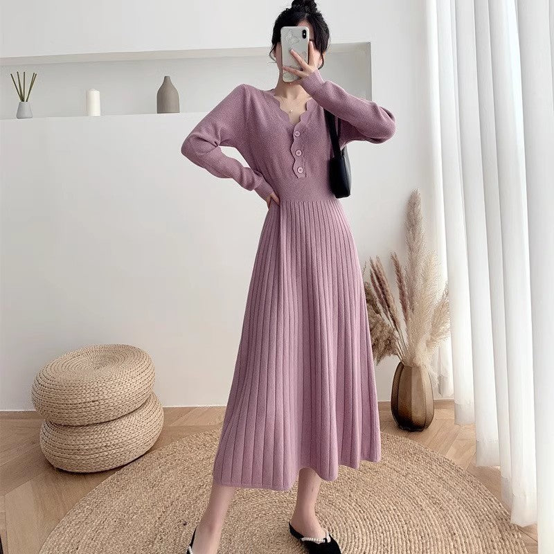 Women's Fashionable Waist-cinching Knitted Long-sleeve Dress