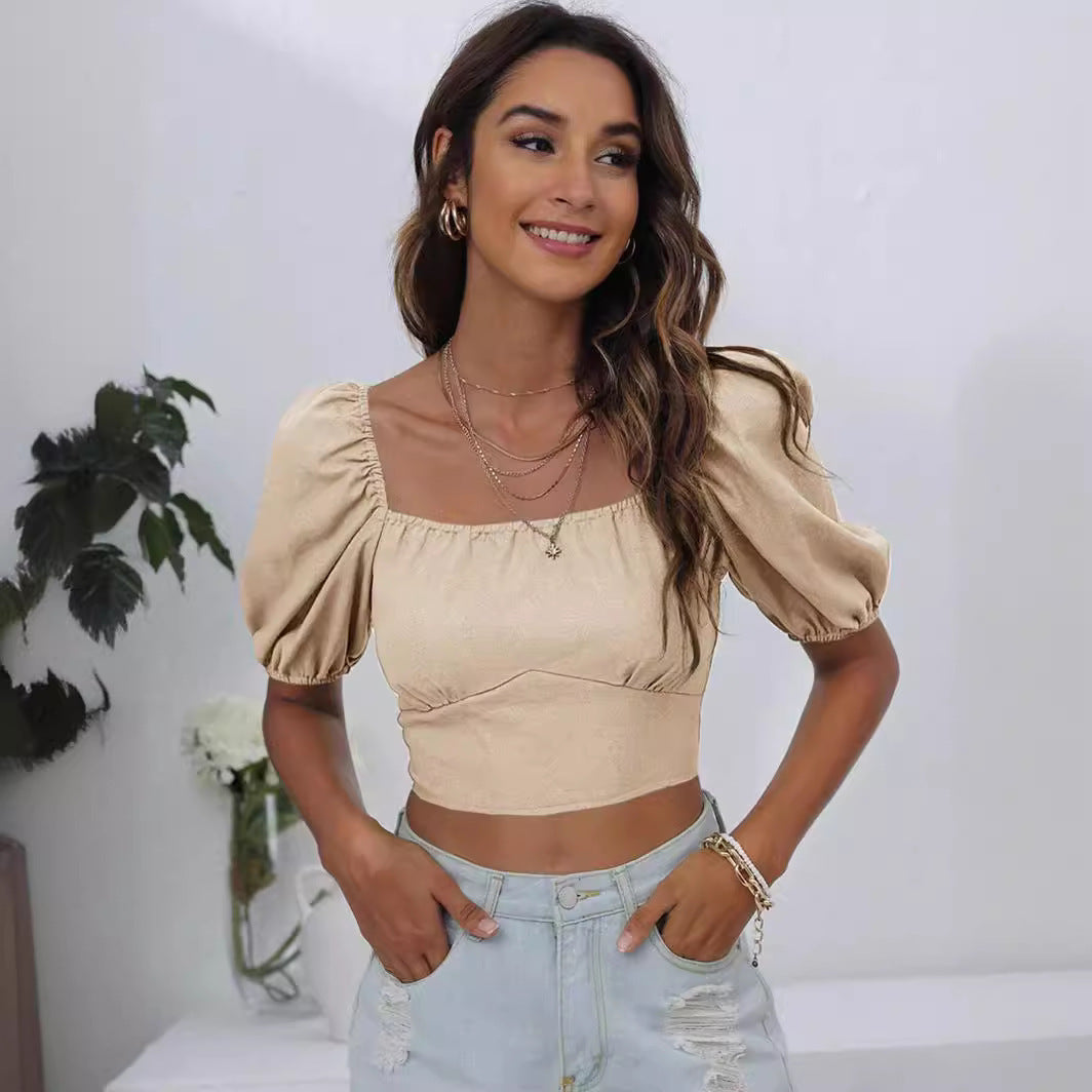 Square Neck Lantern Sleeve Solid Color Backless Tie T-shirt