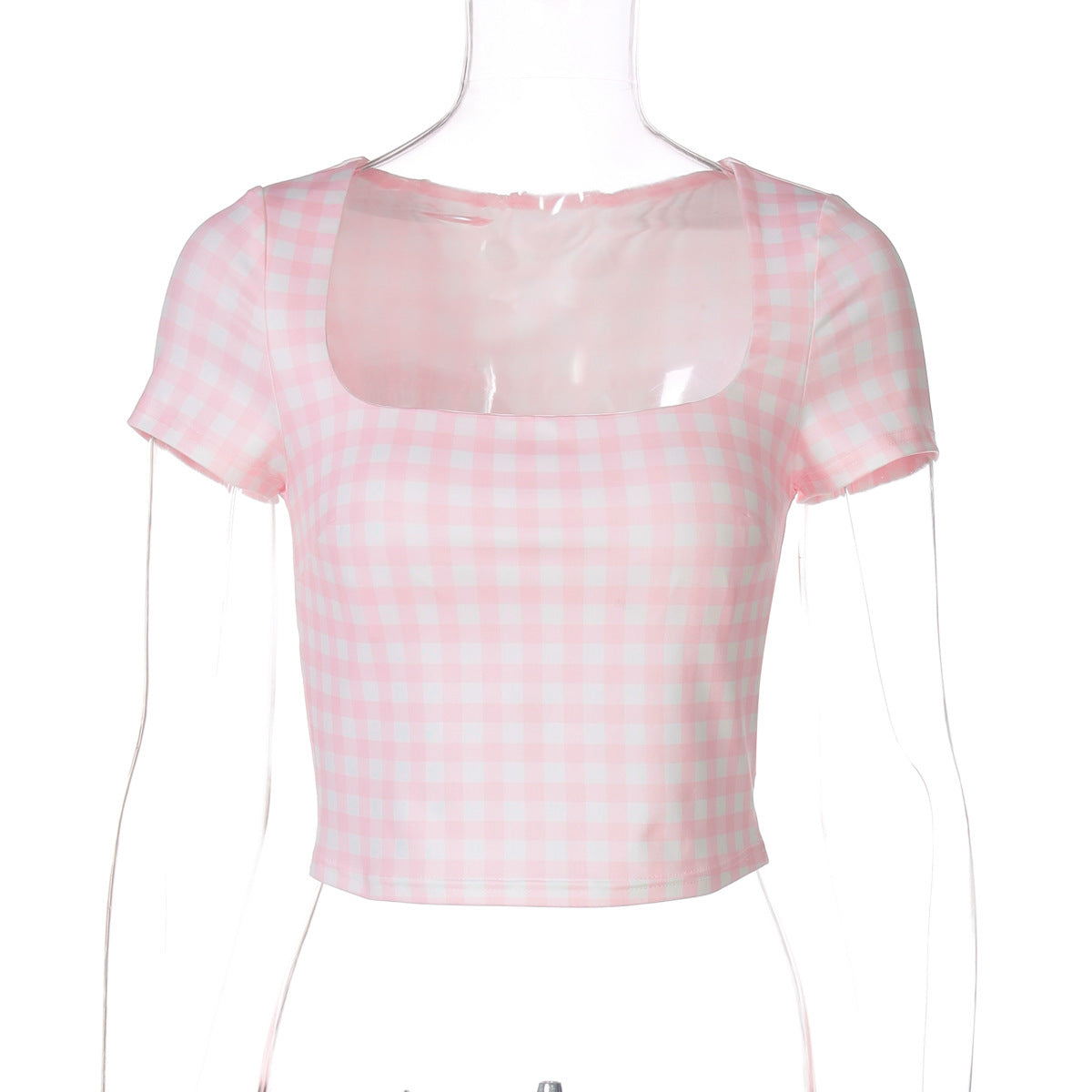 Women's Fashion Plaid Printed Slim Fit Midriff-baring Short Sleeve Top