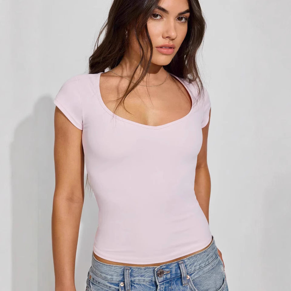 Summer Women's Slim Heart Collar Solid Color Casual Short Sleeve