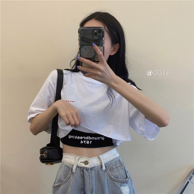 Two-Piece Set Crop-top Short Top Loose High Waist T-shirt Women