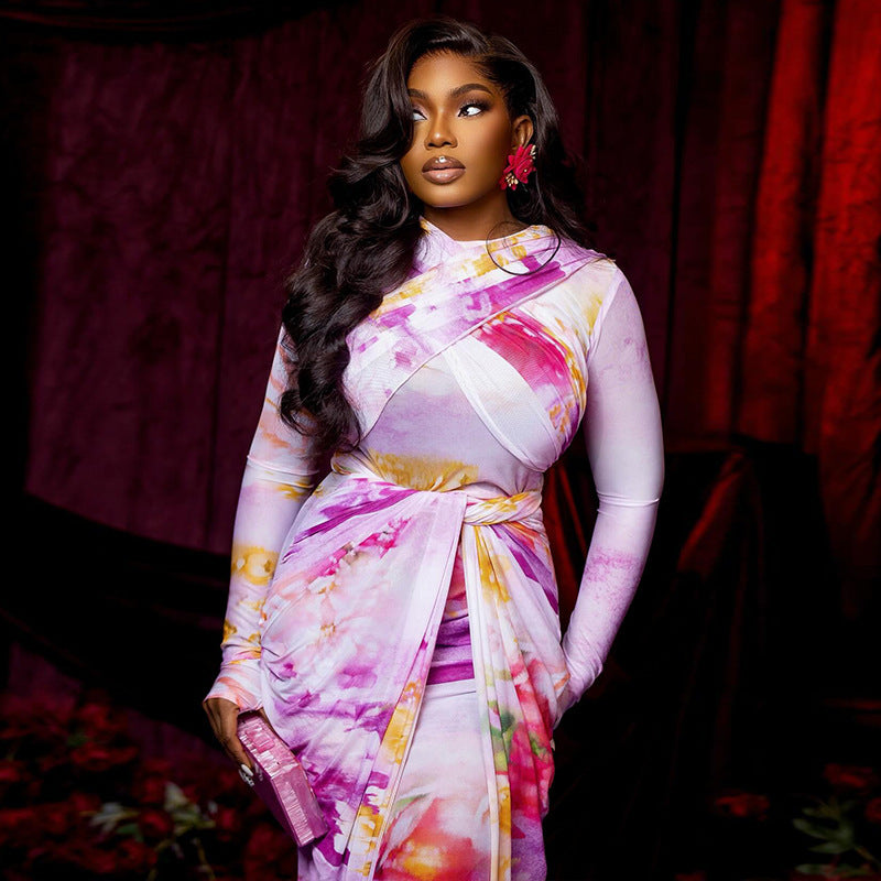 Slim-fit Wrap Bodycon Pleated Long-sleeve Dress