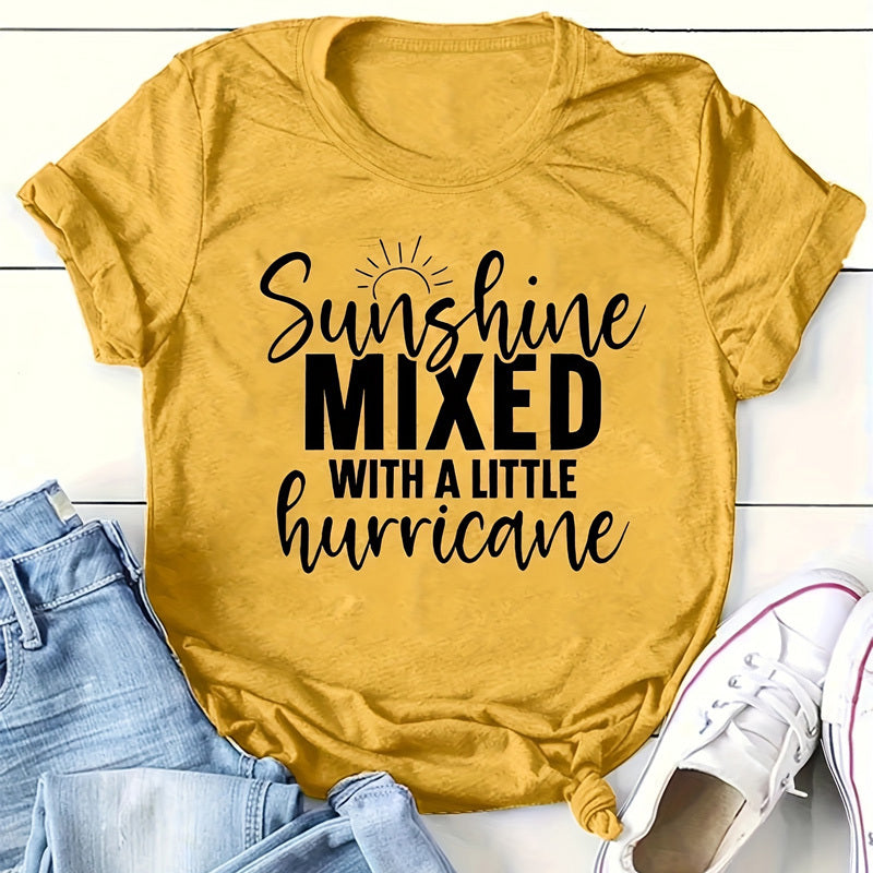 Women's Yellow Round Neck Short Sleeve T-Shirt - Casual Summer Top With English Print