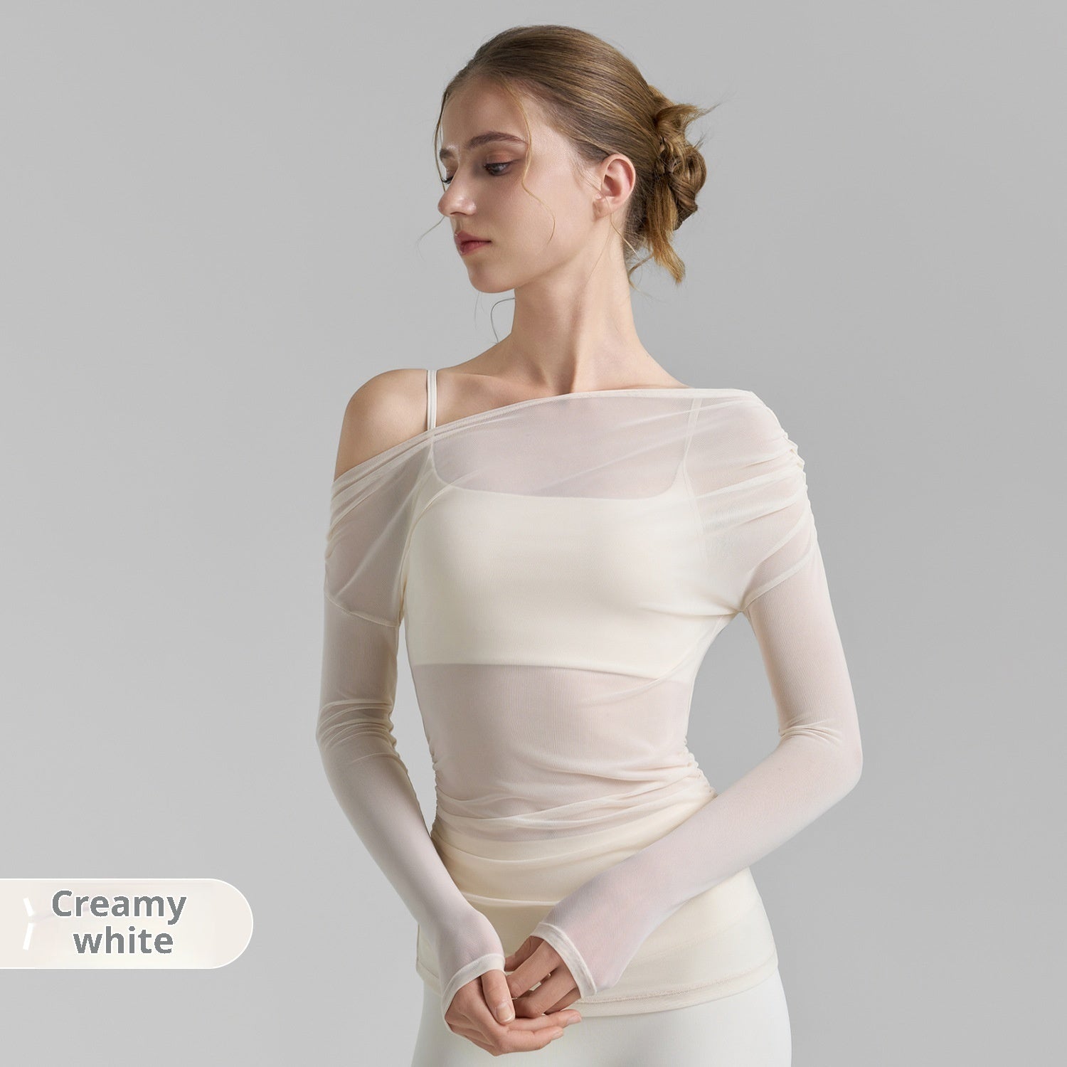 Oblique Shoulder Mesh Yoga Shirt Pleated Sports Top