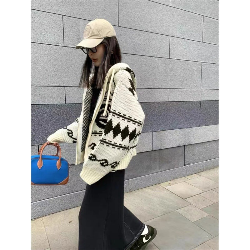 Vintage Jacquard Contrast Color Hooded Sweater