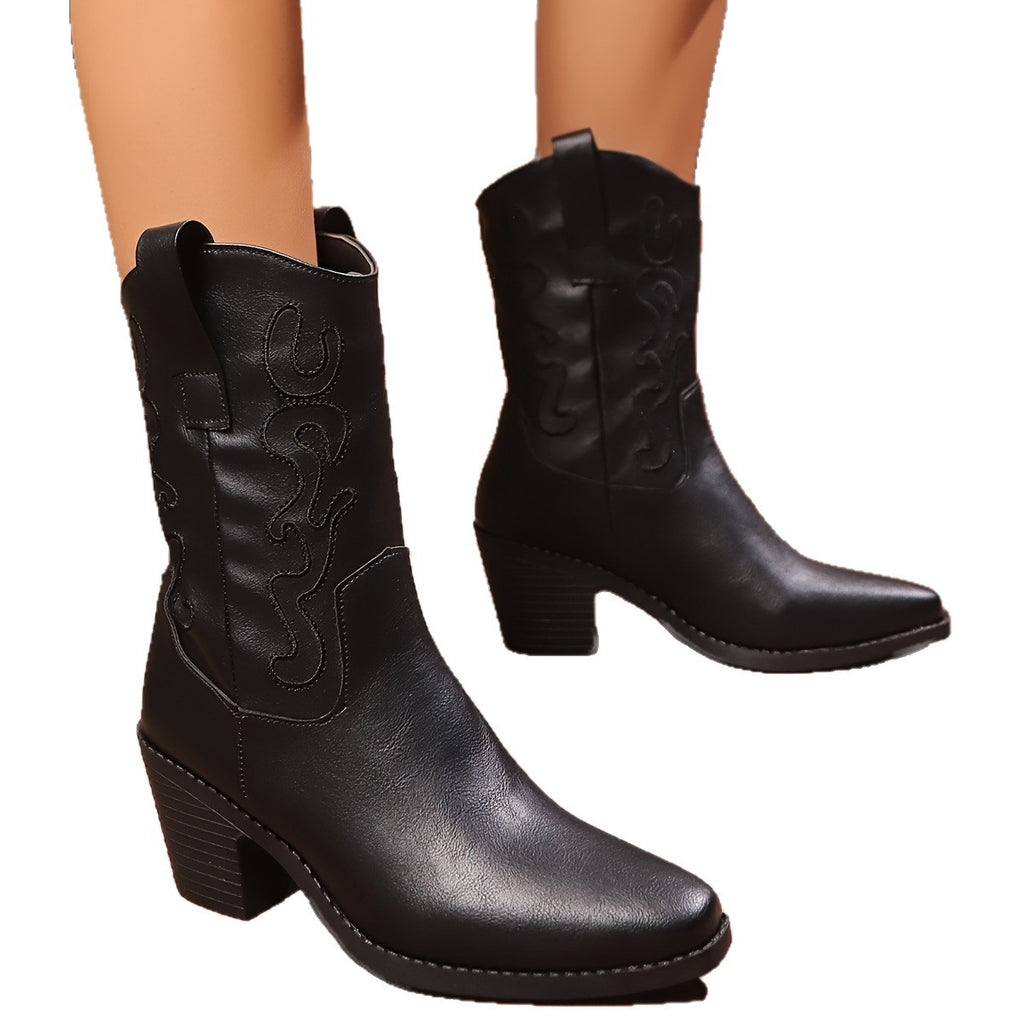 British Style Chunky Heel Mid-calf Pointed Toe Plus Size Ankle Boots