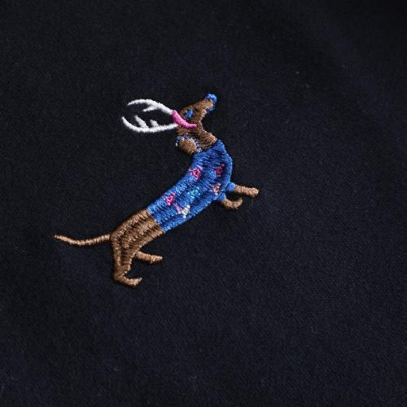 Embroidered Dachshund Dog Loose Fit Oversized Round Neck Pullover Fleece Sweatshirt