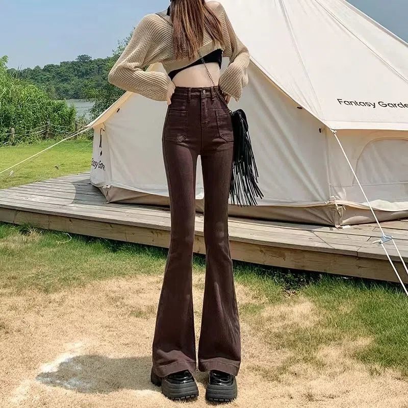 Stretchy High Waist Slimming Design Sense High Street Bell-bottom Pants Tide