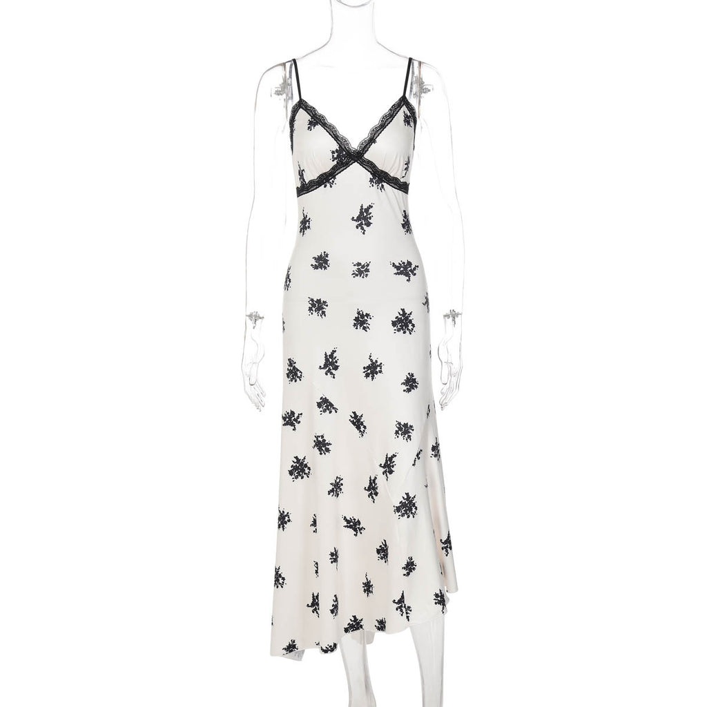 Spliced Lace V-neck Sleeveless Printed Suspender Dress