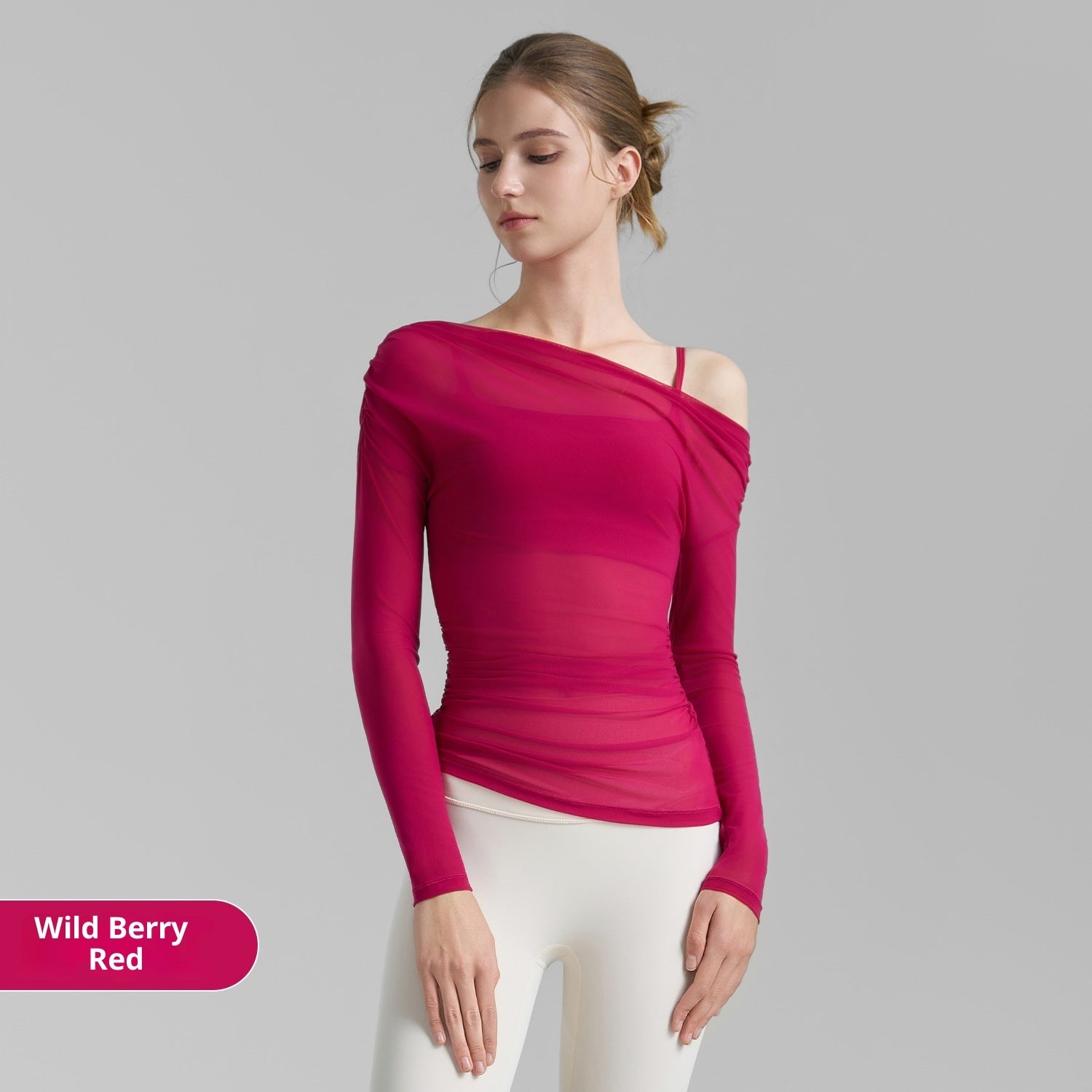 Oblique Shoulder Mesh Yoga Shirt Pleated Sports Top