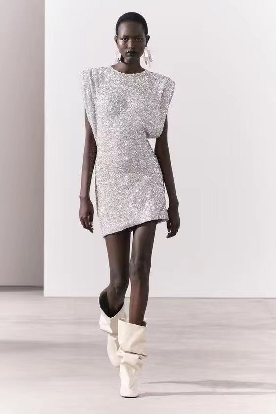 Sequins Decorated Sleeveless Shoulder Pad Sequin Dress
