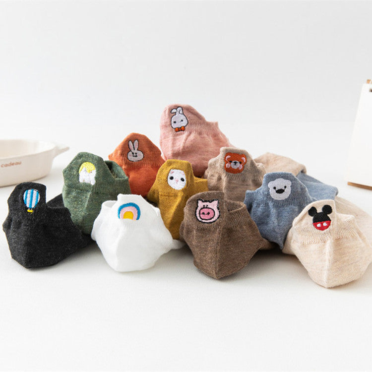 Four Seasons Style Cartoon Embroidered Ear Boat Socks Women