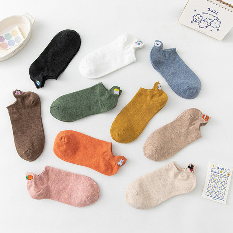 Four Seasons Style Cartoon Embroidered Ear Boat Socks Women