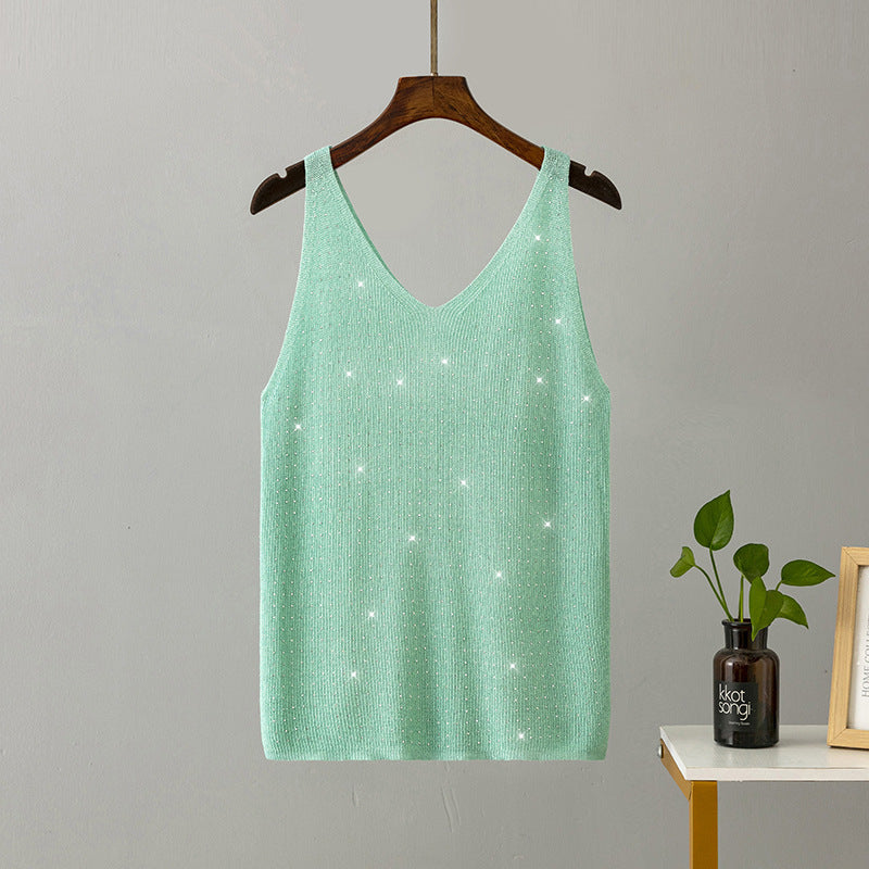 Ice Silk Knitted Bright Thread Diamond-encrusted V-neck Camisole