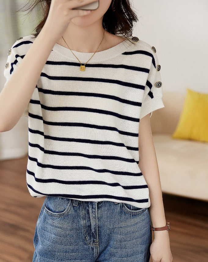 New Striped Top Ice Silk Short Sleeve Slimming And Flesh-covering T-shirt