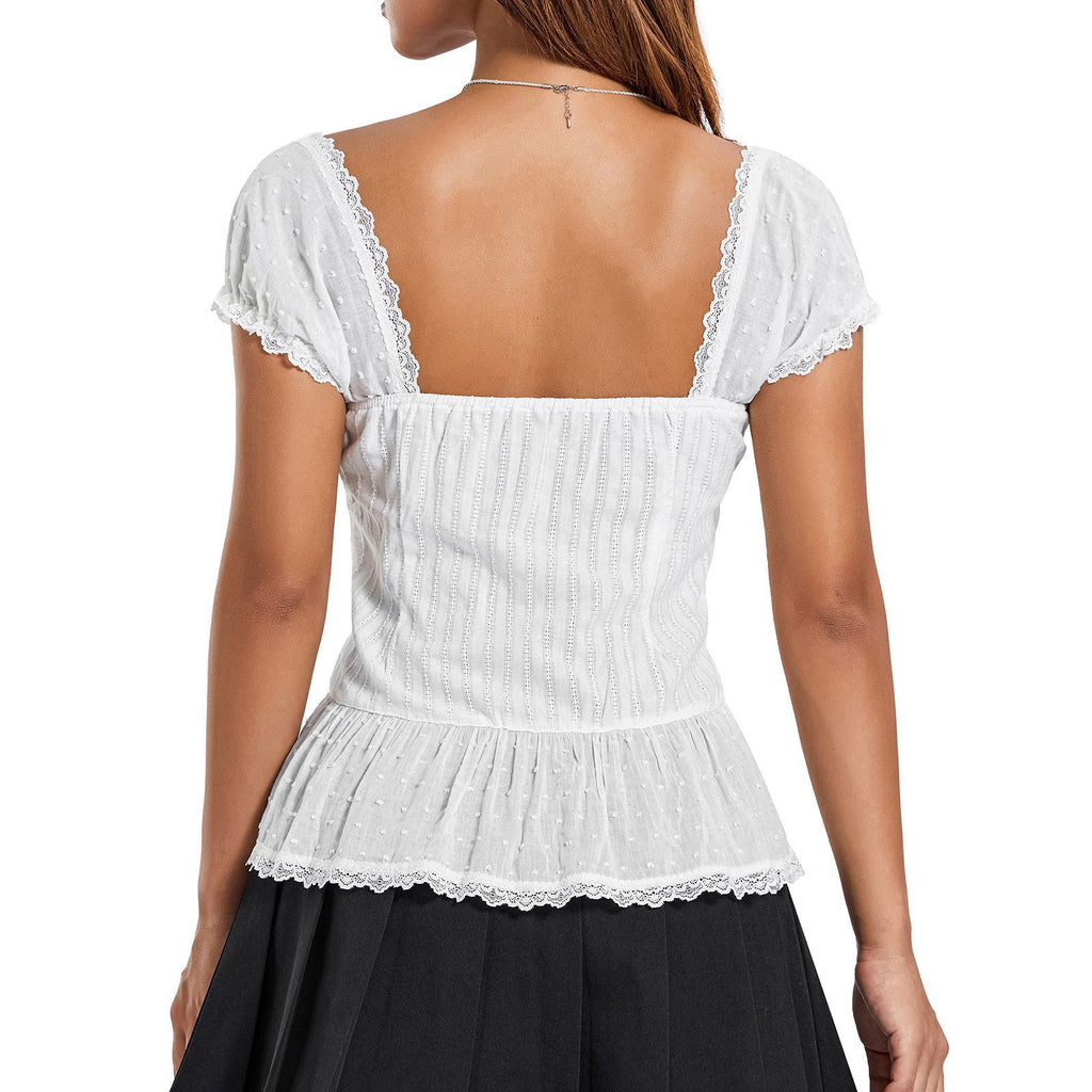 Pleated Shoulder Hanging Low Collar Lace Slim-fit Crop-top