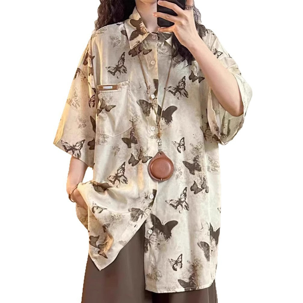 Women's Ink Painting Full Printed Butterfly Short Sleeve Shirt